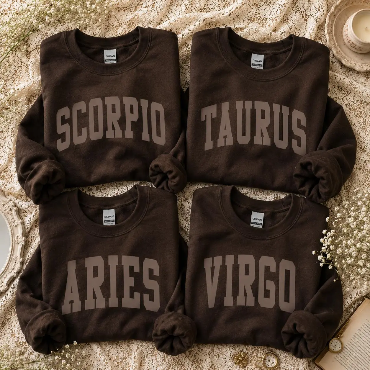 [Custom EST Year or Not EST] Custom Zodiac Sweatshirt, Varsity Zodiac Sign Name, Astrology Birthday Gift for Her Him, Custom Birth Year, Unisex Vintage Celestial Style