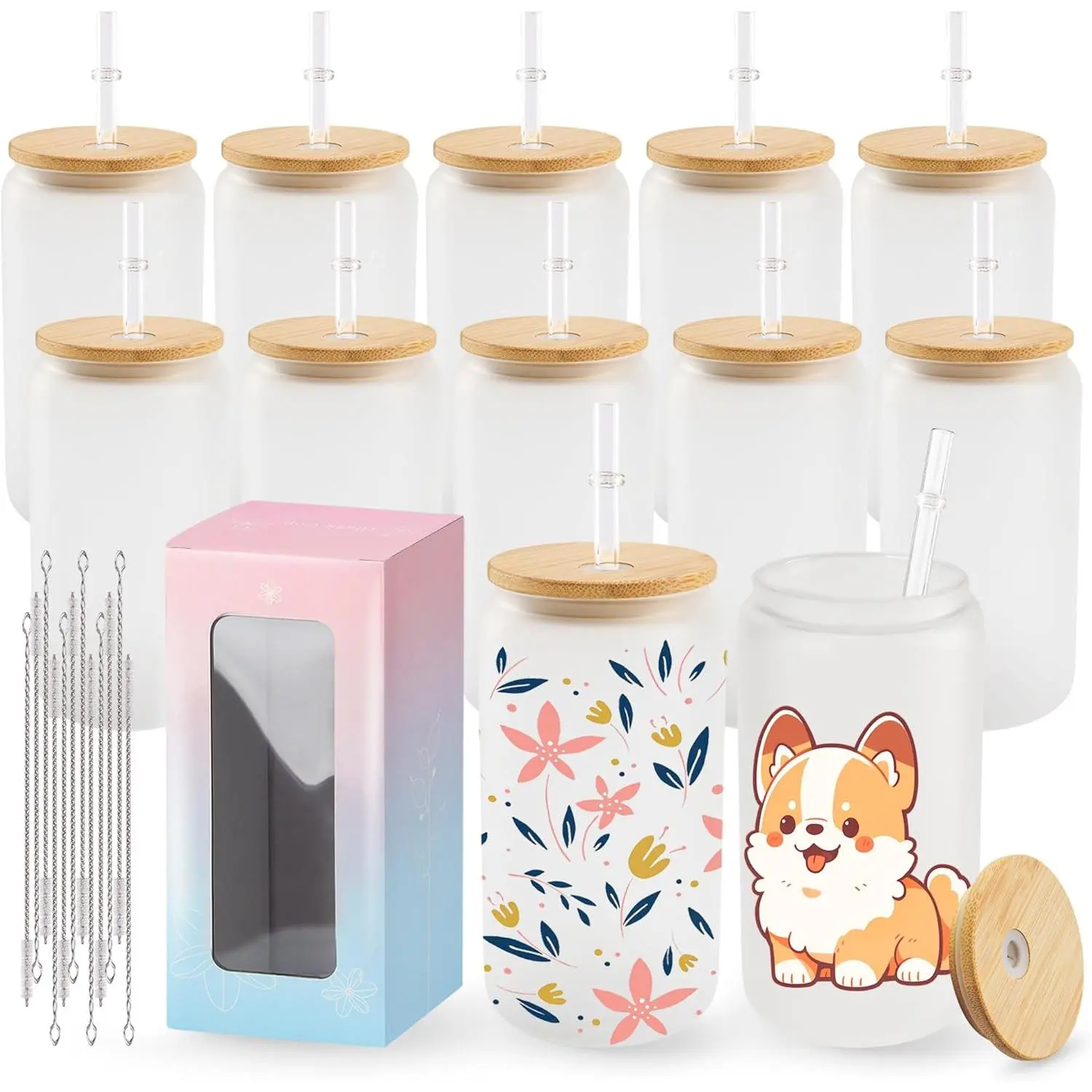 12 Pack Sublimation Blanks Bulk Frosted Glass Cups with Lids and Straws 16oz, Sublimation Glass Tumbler Blanks Beer Can Shaped Mugs for Iced Coffee Smoothie Soda Boba Tea Cocktail DIY Gift