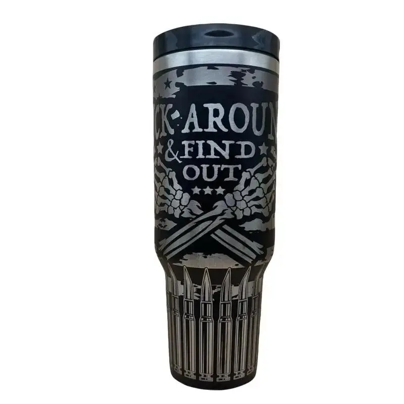 William's Laser Works 40oz 'Fuck Around & Find Out' Laser Engraved Tumbler with Bullet Graphics & Flip-Top Lid Drinkware Water Bottle Bottles Water Bottles