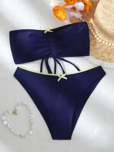 Women's Summer Beach Solid Color Sexy Strapless Bikini Set, Bandeau Bathing Suits, Bandeau Swimsuits, Two-Piece Swimsuit, Swimsuit Style Bikini for Casual Summer Fun, Comfortable and Stylish Swimwear