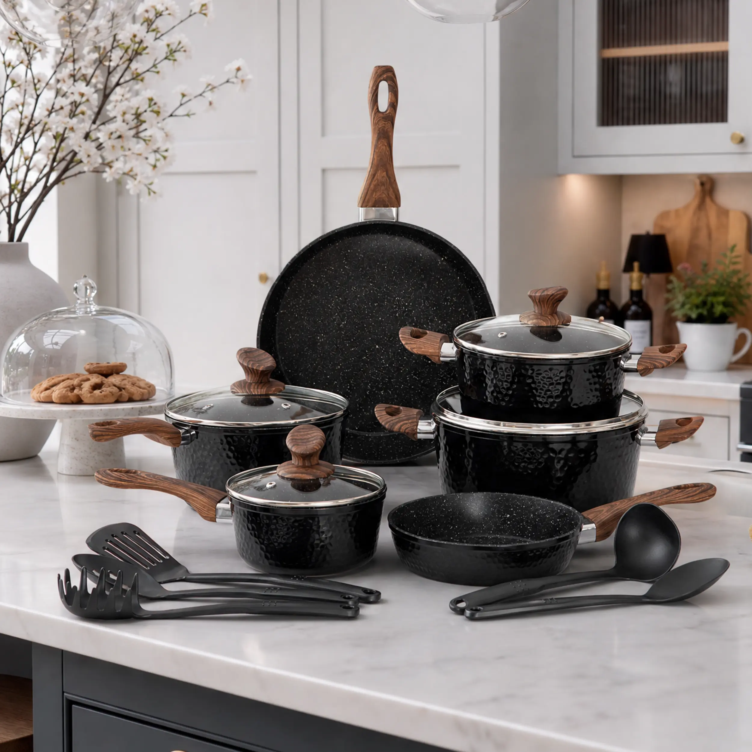 Kitchen Academy Premium Cookware Sets - 15 Pieces Triple Coated Nonstick Aluminum Composition for Stovetop, Hammered Design, Cooking Pans Set