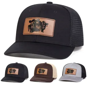 Unisex Bull Head Brown Leather Patch Baseball Mesh Cap Hat Micro Curved Cap Outdoor Sport Adjustable Sunscreen Leisure Hat Spring Autumn Travel Tourism Beach Vacation