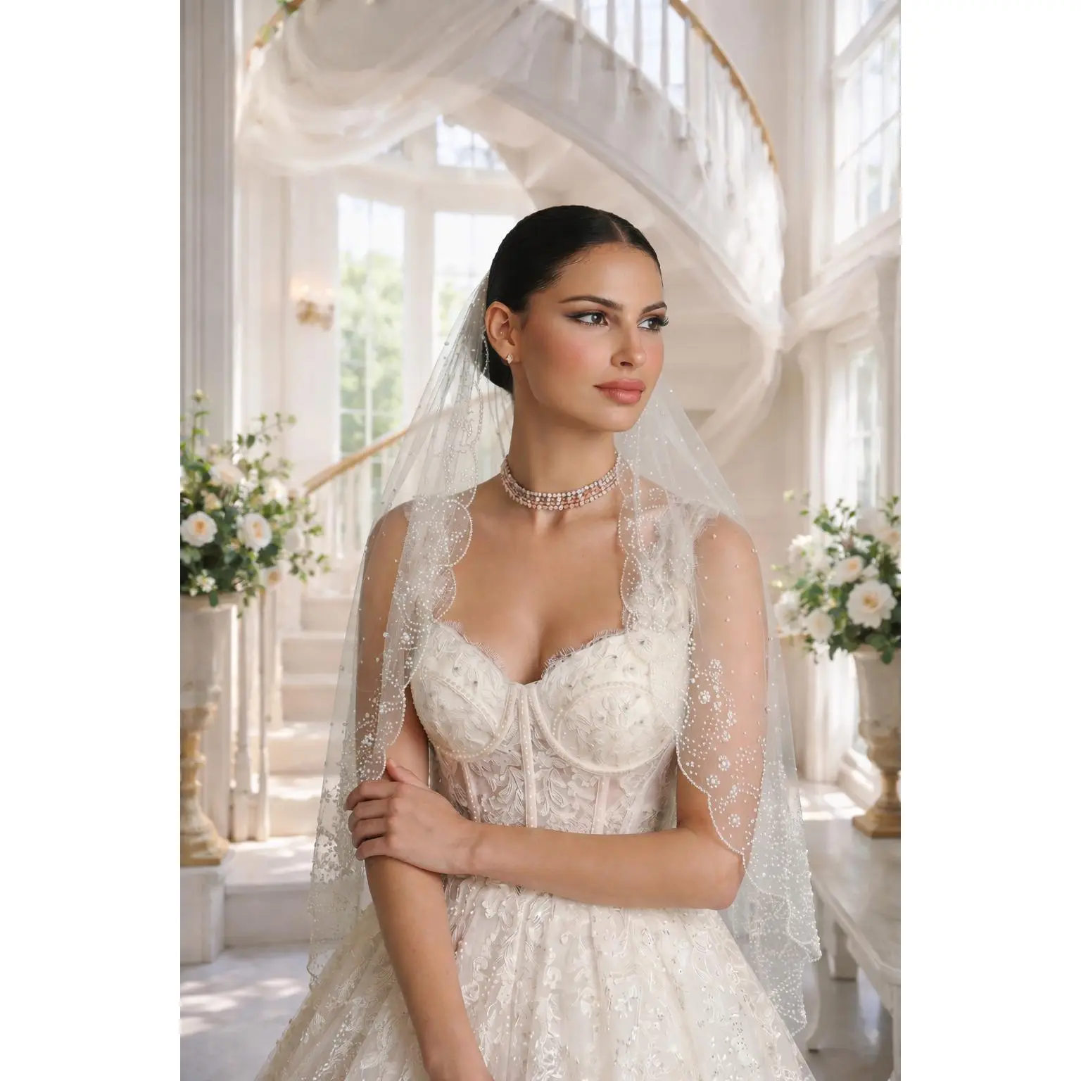 Pearl Scalloped Delicate Bridal Veil