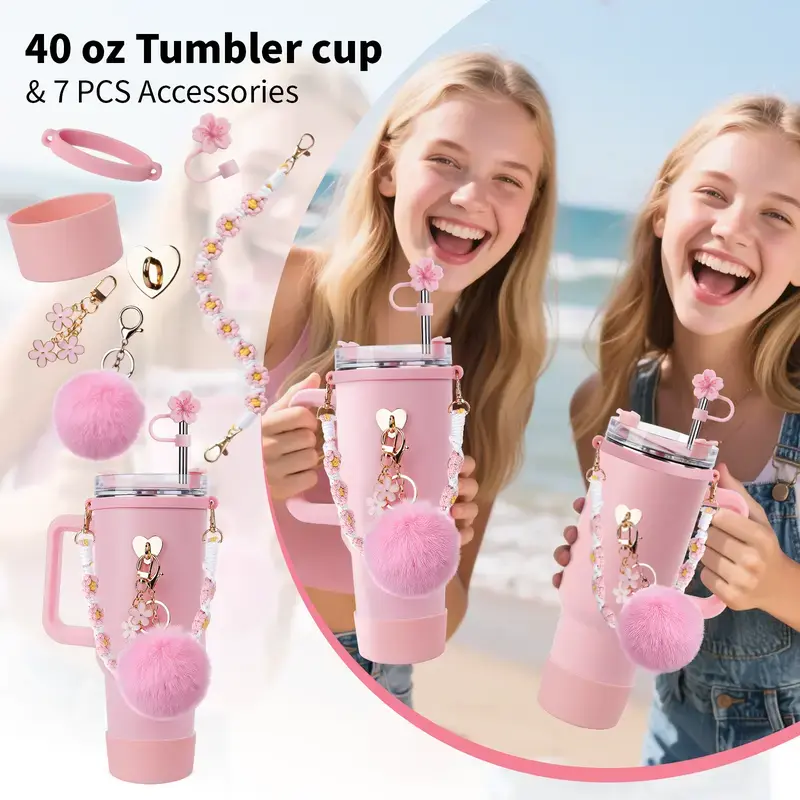 7 Pcs Stylish Protective Drinkware Accessory Set for 30oz & 40oz Tumblers/Glasses - Silicone Boot, Daisy Handle Strap, Straw Topper, Flower Charm, Pom Pom Decor, Cup Holder (No Cup Included, Thoughtful Gift Option), Lightweight
