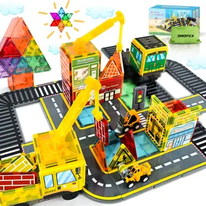 60pc Magnetic Road Tiles Set with 2 Cranes – Creative Construction Toys for Kids Ages 3-12 (Boys & Girls)，Dentist & Engineering Themed Building Blocks