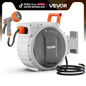 VEVOR Retractable Garden Hose Reel, TikTokShopBlackFriday, 5/8 Inch x 100 ft Wall Mounted, Heavy Duty with 9-Pattern Nozzle, Adjustable Length Lock, Upgraded Slow Return System & 180° Swivel Bracket