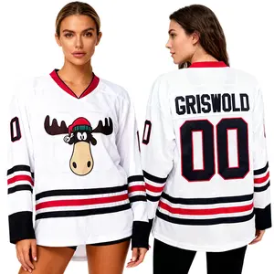 Griswold #00 Christmas Moose Embroidered Unisex V-Neck Hockey Jersey, American Retro Craft Street Style, White/Black S-3XL Quick Dry Mesh Winter Sweatshirt, Sports Outerwear, US Trendsetter Cultural Symbol Christmas Gift