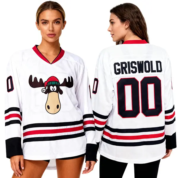 Unisex Griswold 00 Moose Retro Embroidered Christmas Hockey Jersey - Long-Sleeve V-Neck Moisture-Wicking Polyester Knit Shirt, Mesh Breathability, US Standard, Loose Fit, Cold Wash Compatible (Sports Outerwear)
