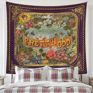 Vintage Letter & Flower & Border Pattern Tapestry Aesthetic Classical Creative Wall Hanging Decor for Home Living Room Bedroom Gallery Dinning Room