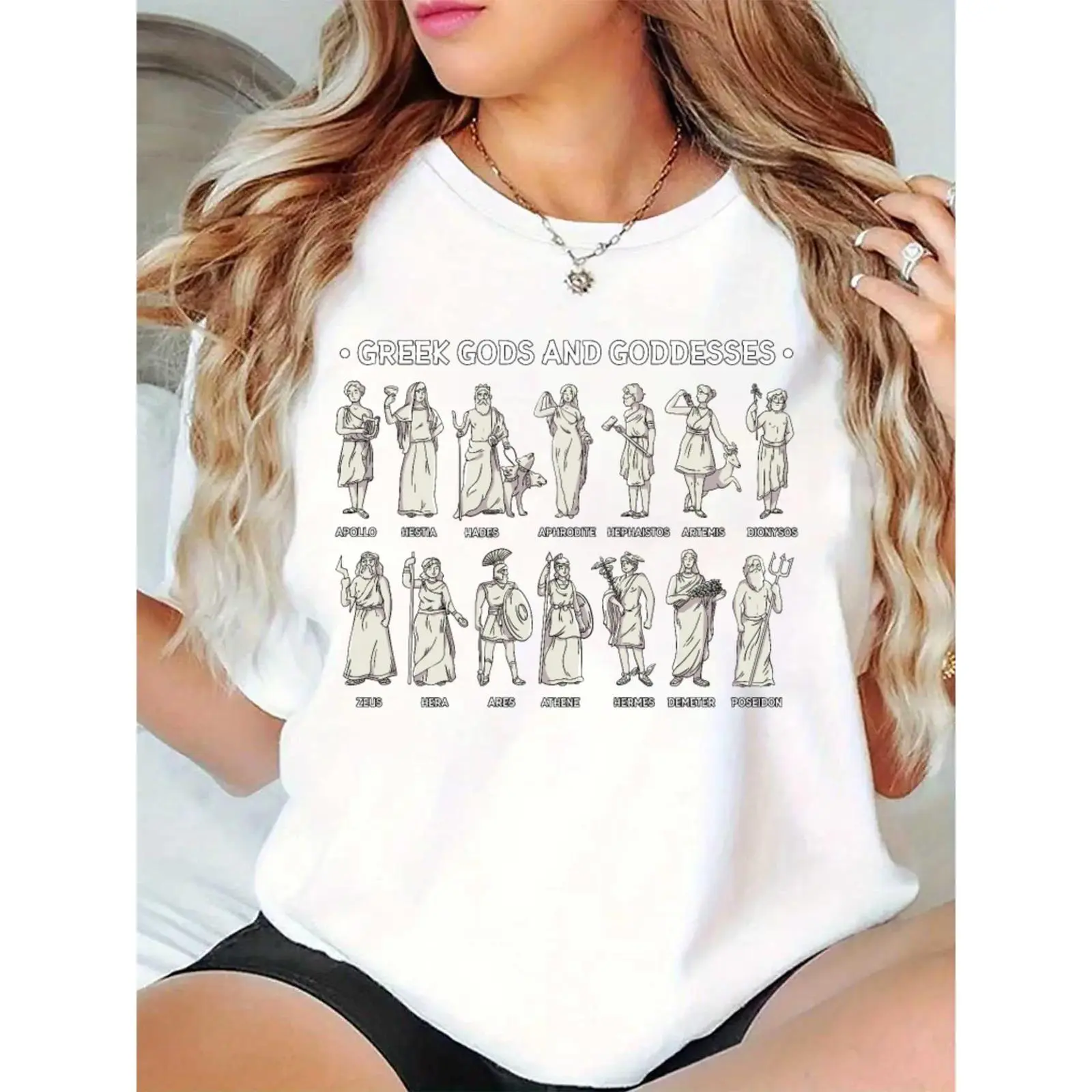 Women’s Cotton Greek Gods & Goddesses Graphic Short-Sleeve T-Shirt - Casual Tops for Daily Wear, Greek Myth Enthusiasts, Comfortable Fit, Elegant Feminine Basic Tee with Prints
