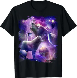 100% Cotton Cosmic Wolf Howling At Moon In Space T-Shirt