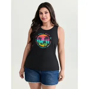 BLOOMCHIC Women's Plus Size Casual Boho Sleeveless Crew Neck Cotton-Polyester Blend Fabric Tank Top - 2026 Summer Pick, Island Energy Colorful Motif, Comfortable Fit, Mother's Day Option, Black Rainbow, Swimweek Vibes