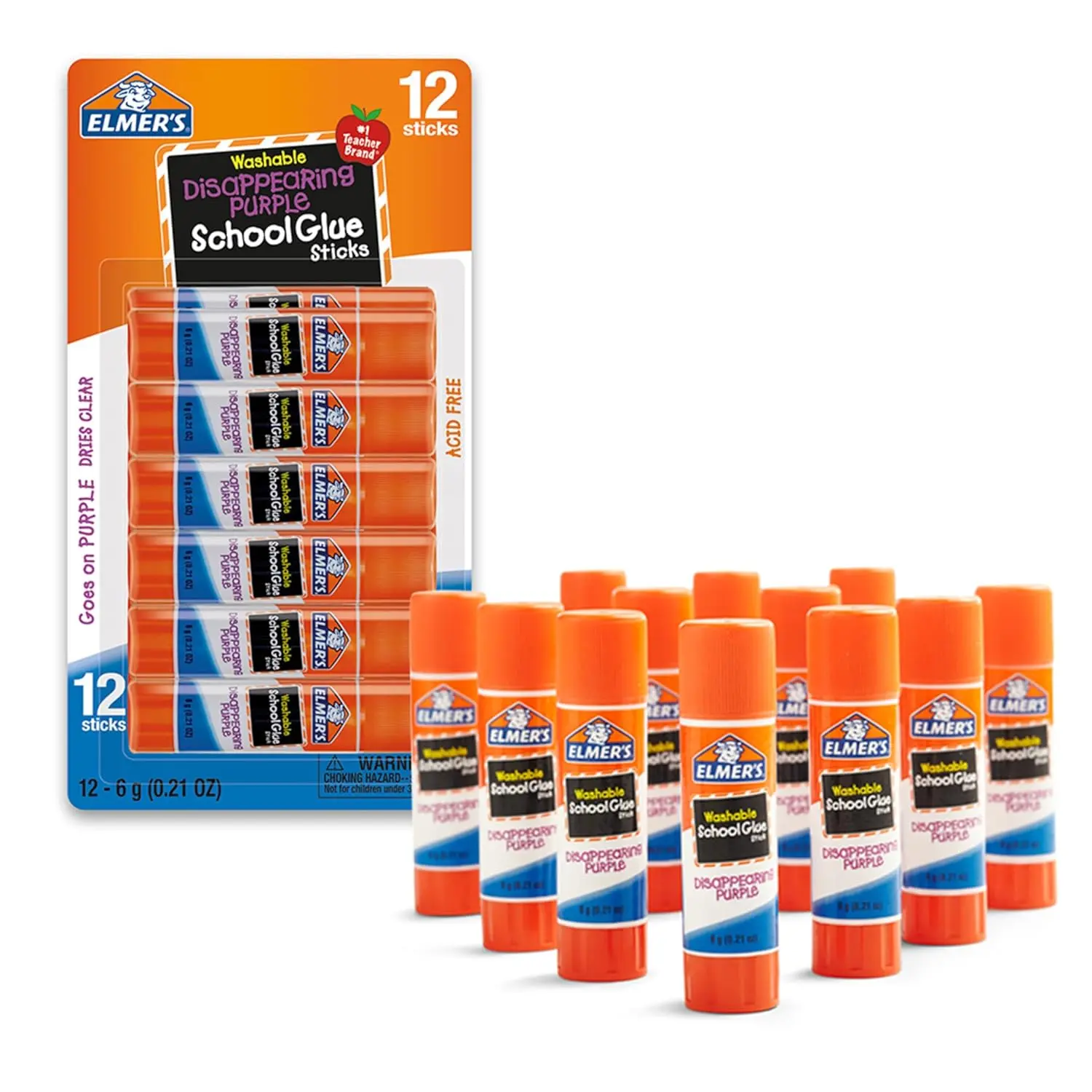 Elmer's Disappearing Purple School Glue Sticks, Washable, 6 Grams, 12 Count - Arts & Crafts, Poster, Projects, Back to School, #1 Teacher Brand