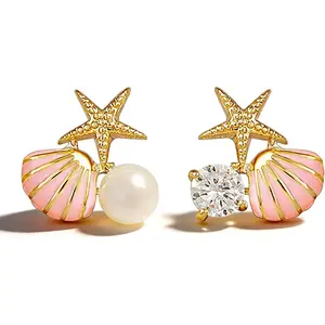 Faux Pearl Decor Shell & Starfish Design Stud Earrings, Statement Earrings, Elegant Stud Earrings for Women & Girls, Trendy All-match & Exquisite Jewelry for Birthday Gift, Ear Studs