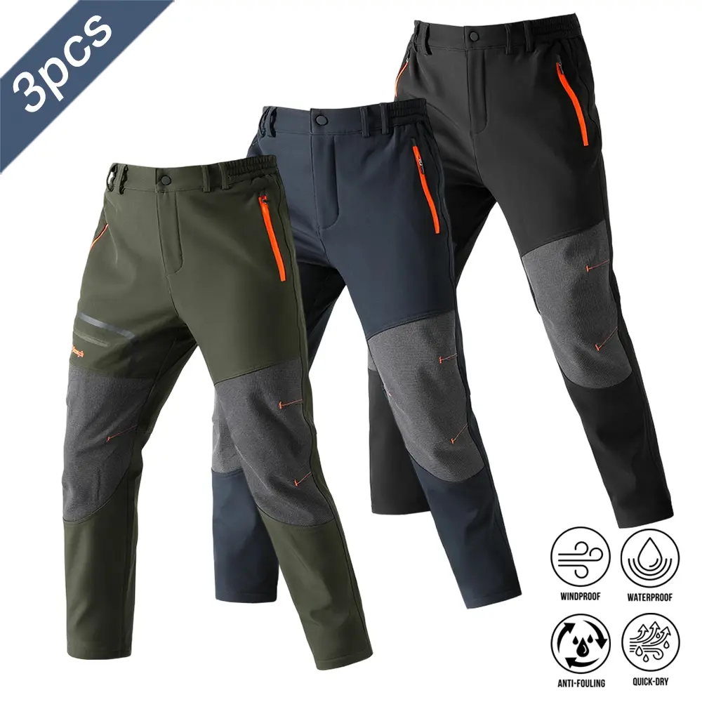 3pcs Men Spliced Knee Protection Tactical Hiking Trousers, Lightweight Breathable Anti-Dirty Quick Dry Waterproof Outdoor Pants, Elastic Waistband Zipper Pocket Design Outdoor Walking Climbing Long Pants For All Seasons