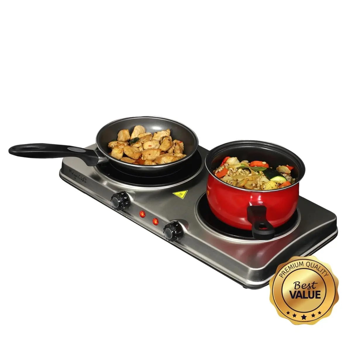 MegaChef MC-6206A-RB Electric Infrared Burner Cooktop - 1700W Quick Boil, Lightweight 11 lbs, 18x9.5x2.75 in, Dual Size, Portable, Compact, Heavy-Duty Sleek Steel Body, Fast Heating, Even Heat Distribution, Simultaneous Cook, for Travel & Home Cooking