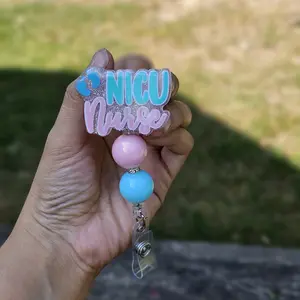 NICU Nurse Badge Reel with Pastel Beads and Glitter Text for Medical Professionals