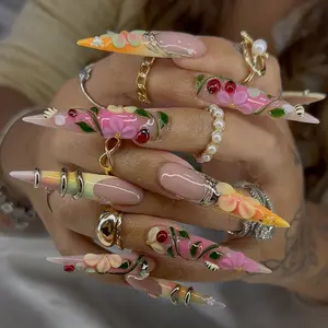 Julina Beauty | Colorful Floral Stiletto Nails | Handmade 3D Garden Art | Luxury Statement Press On Set
