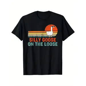Silly Goose Graphic Tee For Men – Funny Casual Round Neck T-Shirt, 100% Cotton, Black With "Silly Goose On The Loose" Print, Streetwear Style, Machine Washable