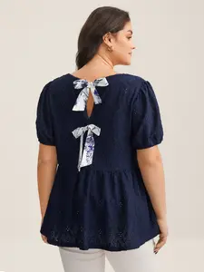 【Summer Turn-Up】BlOOMCHIC Plus Size Back Bow Tie Textured Top - Navy Blue Short Puff Sleeve V-Neck Summer Top Tie Knot Detail Shortsleeve Shirts Medium Bodycon Blouse Indigo Vneck [M-6X] 2026 Summer Pick for Mother's Day