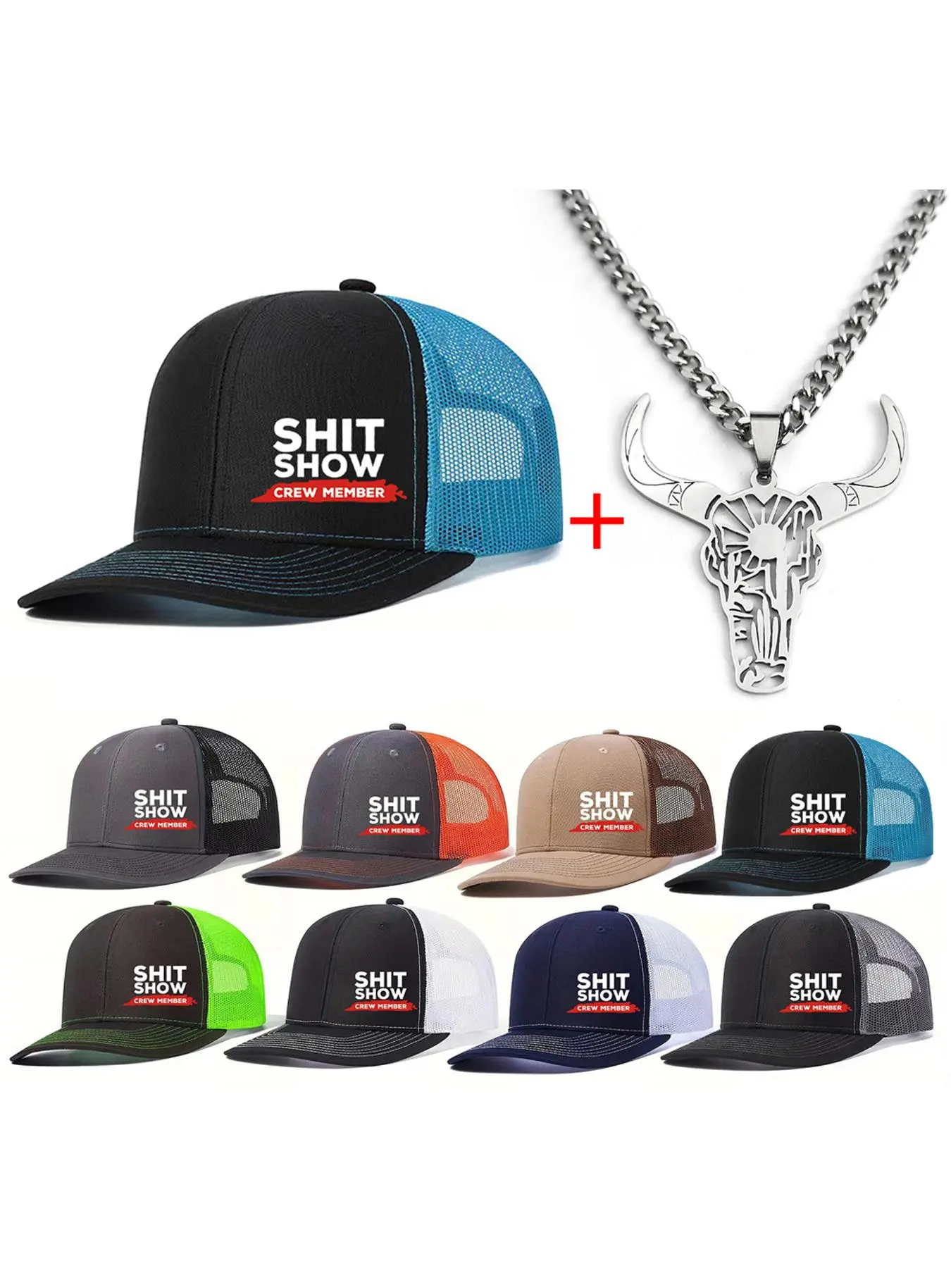 Unisex Street Trend Bull Head Design Baseball Cap & Pendant Cuban Chain Necklace, Trendy Hat Mesh Caps & Necklace, Hip Hop Fashion Cool Accessories for Men & Women, Modern Versatile Accessories