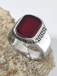 Ethnic Men's Ring, 316L Stainless Steel, Square Red Agate, Traditional Pattern Design