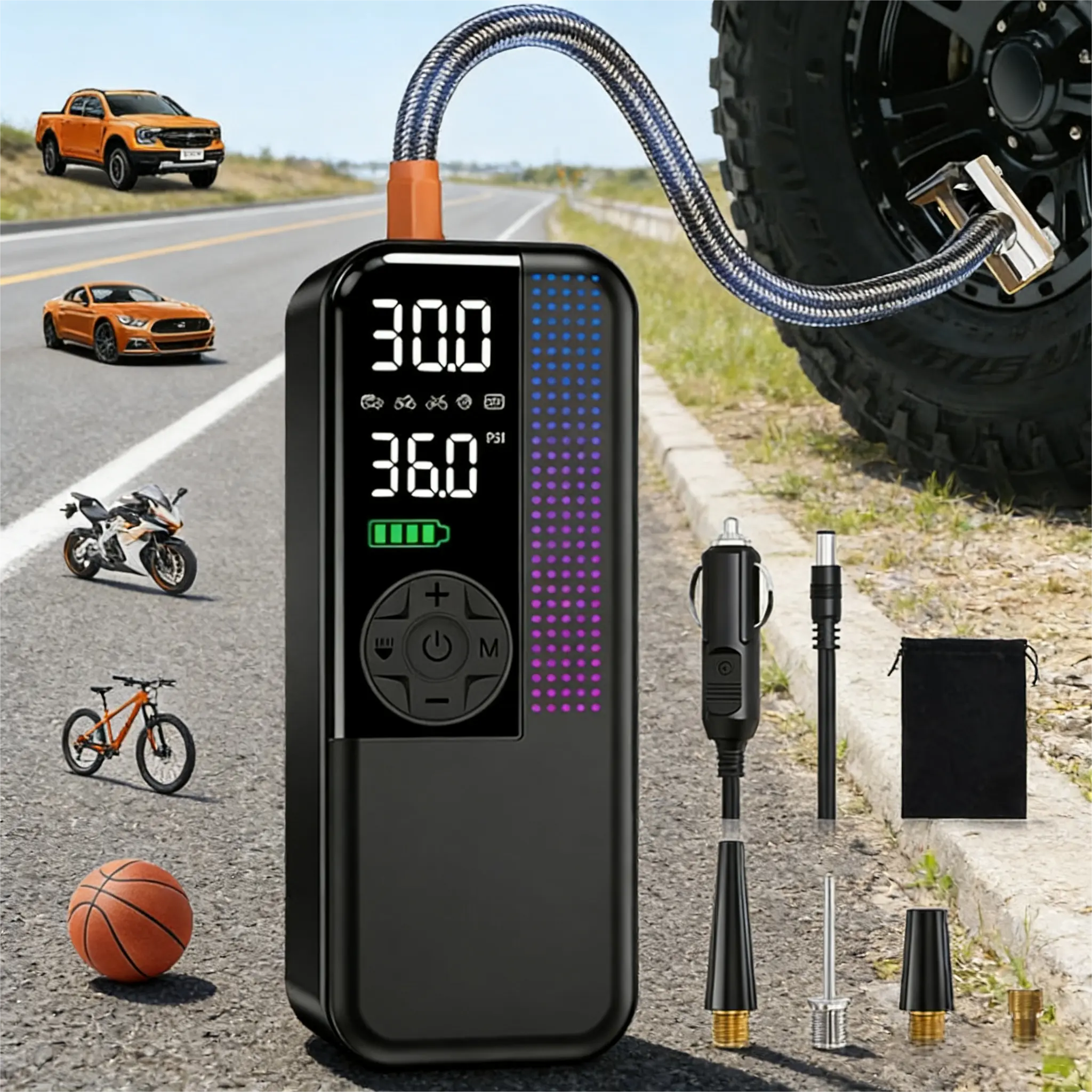 WEOLULI Portable Wireless Car Tire Inflator, 150 PSI Cordless Air Pump with 6000mAh Battery & 12V DC Car Plug, Fast 24L/Min Inflation, LED Light, 4 Smart Modes – Portable Air Compressor for Car, Bike, Motorcycle, Ball