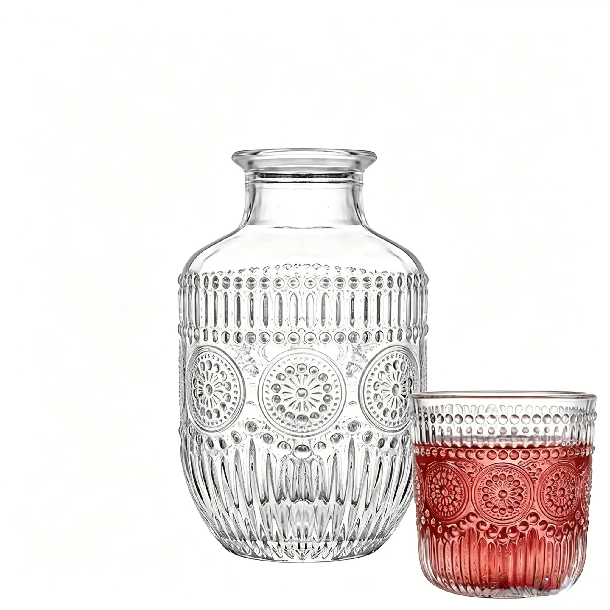 Elegant Glass Bedside Water Bottle and Clear Glass Cup Set, Leaf-Pattern Water Jug with Lid, Durable Transparent Glass Drinkware for Bedroom, Office or Bathroom, Durable Glassware