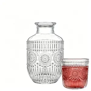 Elegant Glass Bedside Water Bottle and Cup Set, Leaf-Pattern Water Jug with Lid, Durable Transparent Decorative Glass for Bedroom, Office or Bathroom, Stylish Drinkware