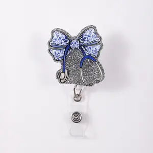 1pc Badge Reel Elegant Acrylic ID Holder Badge Buddy Nursing with Pattern Bow & Stethoscope, Brighten Your Workday with Stylish Functionality