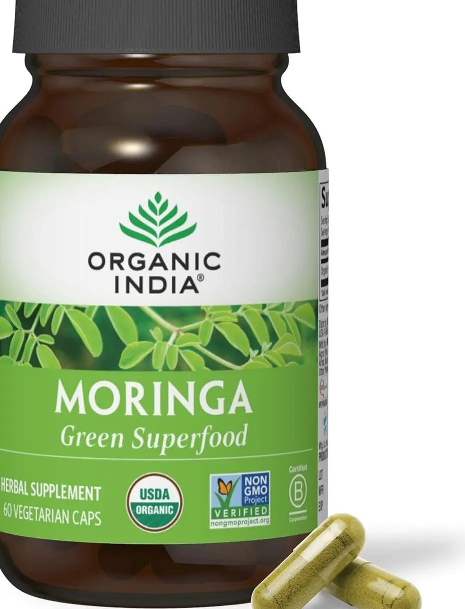 ORGANIC INDIA Moringa Capsules Organic - Moringa Leaf Supplement, Green Superfood Supplement, Pure Supergreen, Vegan Greens, Nature's Multivitamin, Vegan, Gluten-Free - 60 Capsules