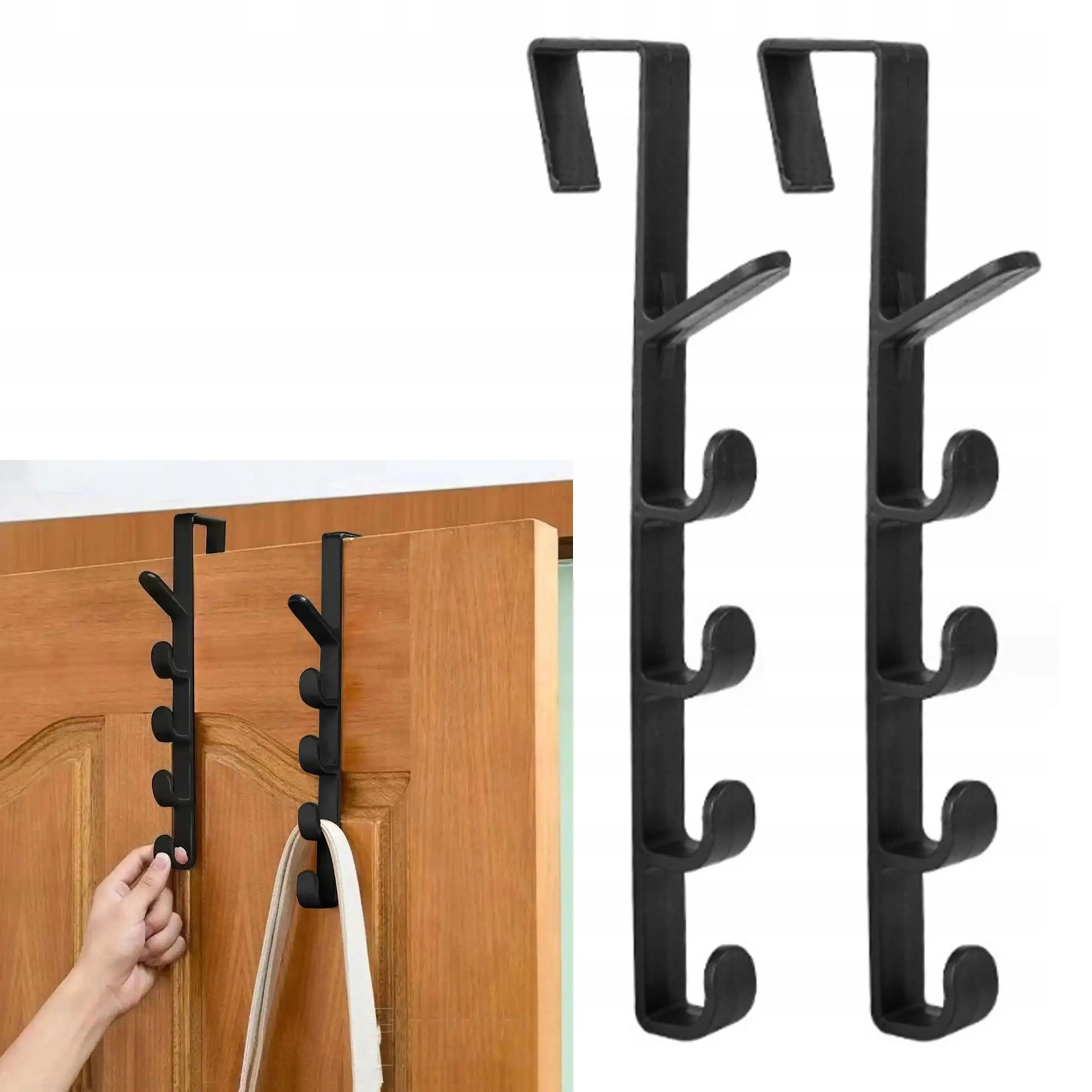 Black/White 2PCS Over Door Hooks – Heavy Duty Door Hanger Organizer with Multi Hooks, Space Saving Storage for Bathroom, Bedroom & Closet