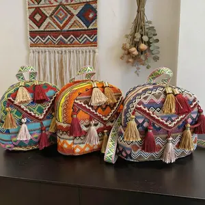 Bohemian Colorful Tassel Mini Backpack, Ethnic Style Casual Colorful Striped Bag