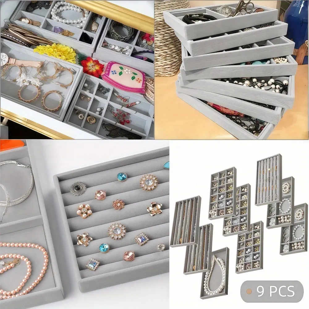 9 Pack Jewelry Drawer Organizer Inserts, Velvet Jewelry Trays for Drawers, Storage for Earring, Ring, Necklace, Watch, Bracelet
