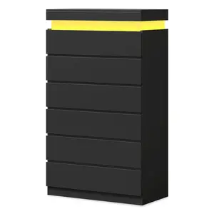 Tall Dresser with LED Light and 6 Drawers Black