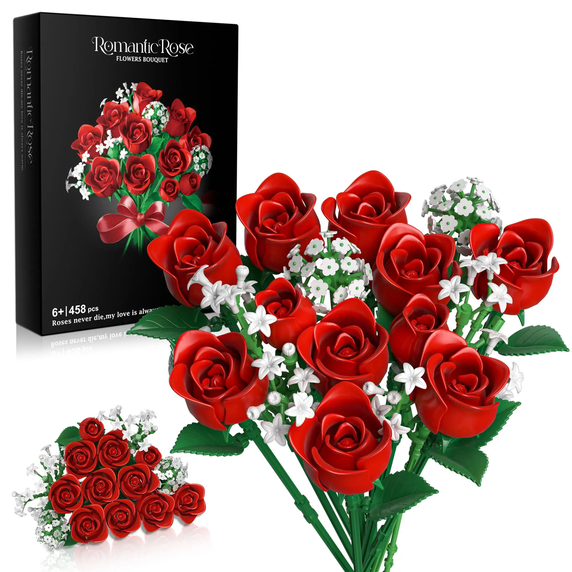 iLacven Red Rose Flowers Bouquet Building Set - Valentine's Day Gift Compatible with Lego Flowers for Adults Women, Collection Christmas Mother's Day Valentine's Gifts Home Decor