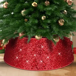 IZNEN 34" Sequin Christmas Tree Collar,Tree Bottom Base,Foldable Bottom Decoration for Christmas Holiday,Red