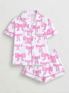 Women's Bowknot Printed Sleepwear Set, Pajama Set, Pjs, Pyjamas, Short Sleeve Button-Up Top & Elastic Shorts, Casual Loungewear Homewear for All Seasons