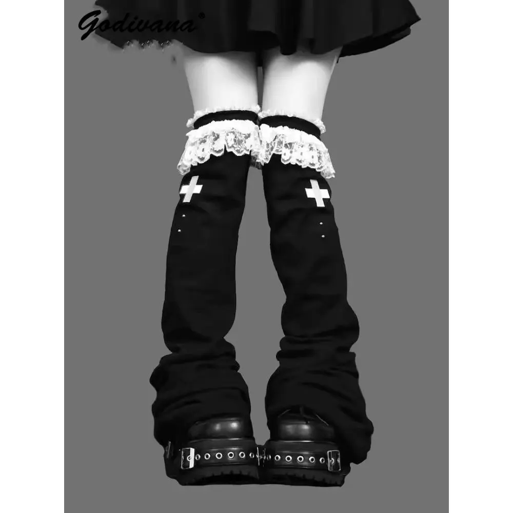 Gothic Lolita Wide Leg Lace Socks Japanese Mine Subculture Pile Horn Leg Warmer Girl Female Cross Black Above Knee Socks Womenswear