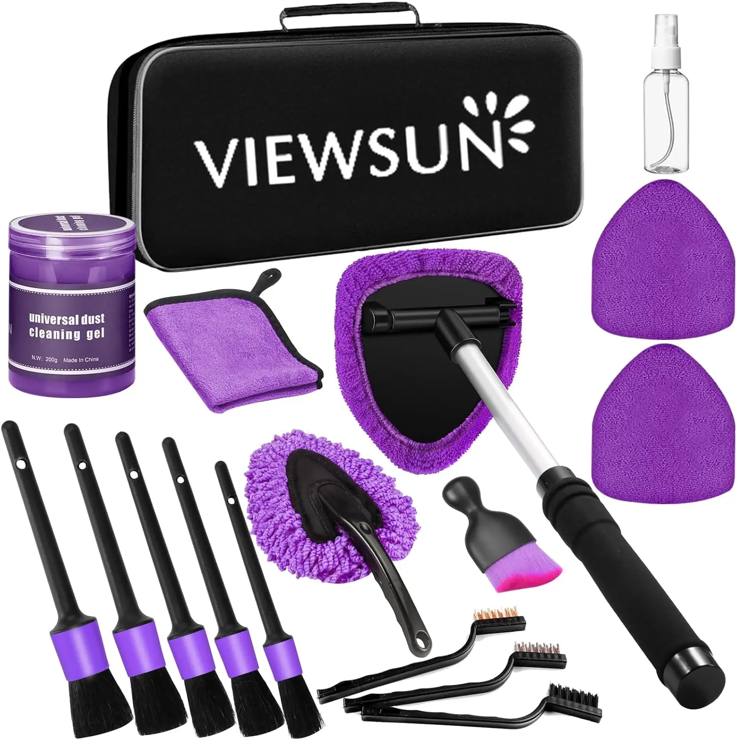 【summerfinds】Viewsun Windshield Cleaner Tool, 17Pcs Purple Car Interior Cleaning Kit, Detailing Kit Cleaner, Detailing Brush, Cleaning Gel, Inside Cleaning Supplies Accessories for Trucks, SUVs, RVs Window，Summervibes