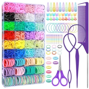 Hair Accessories for Girls 1700 Pcs Elastic Ties Set 24 Color Rubber Bands Cotton Baby Ties Styling Tool Set Clips Cutter Scissor Multifunctional Hairstyle Fun