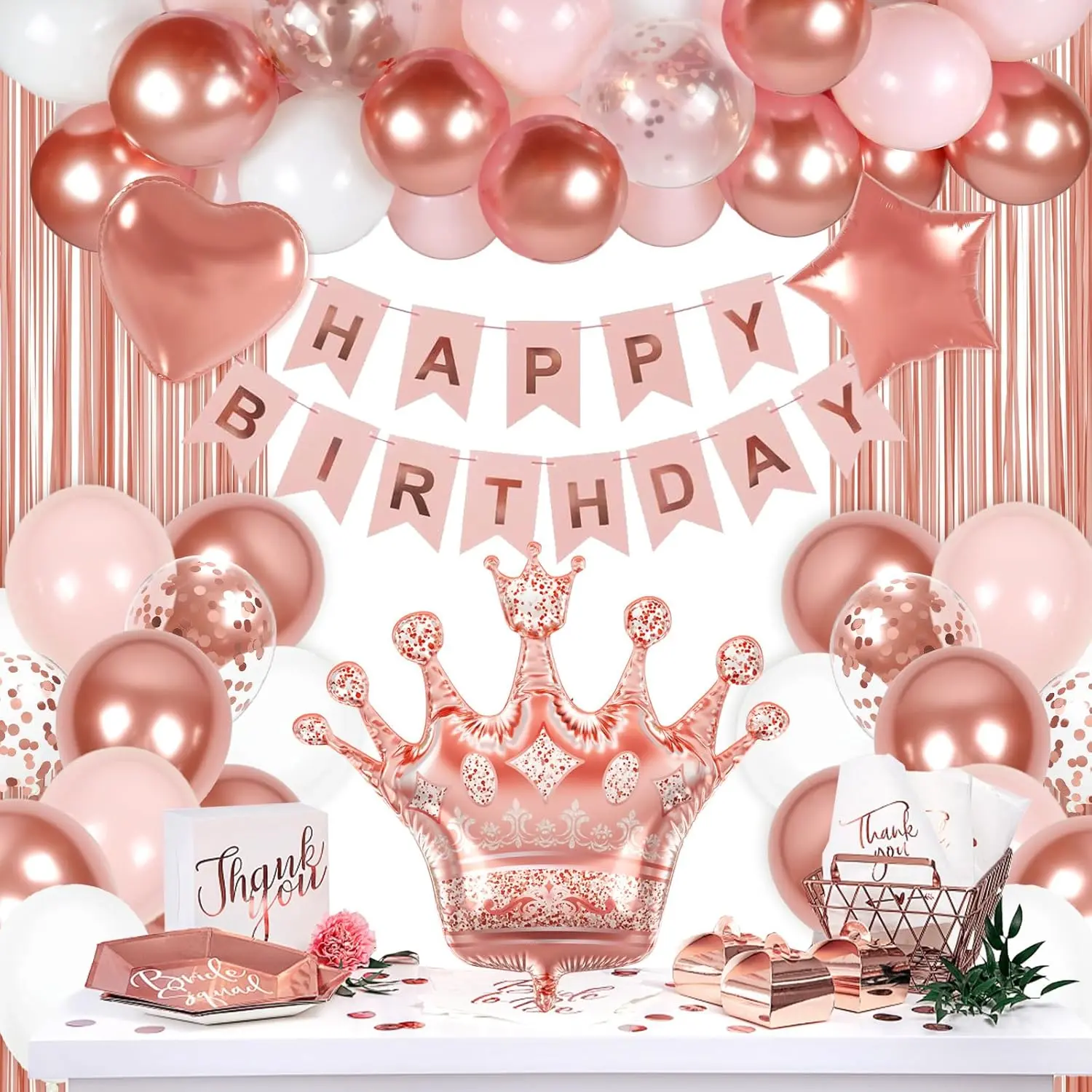 Rose Gold Birthday Decorations for Women | Banner, Fringe Curtains, Balloons, 16th, 21st, 25th, 30th, 35th, 40th, 50th, 60th Birthdays for Women