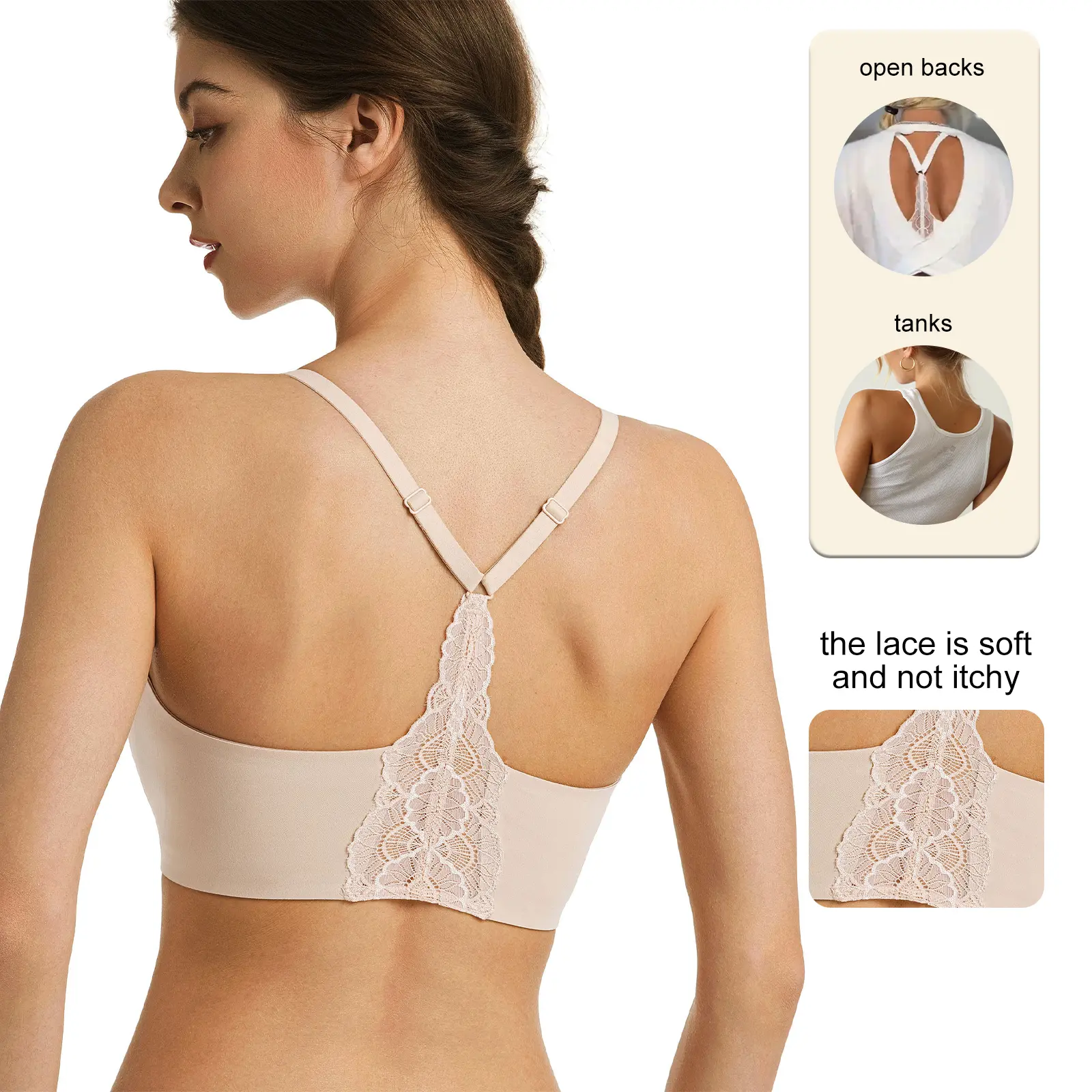 Lusait Lace Jelly Bra Bralettes for Women Pullover Bra Seamless Wireless Deep V Racerback Comfort Padded Everyday Tshirt Bra