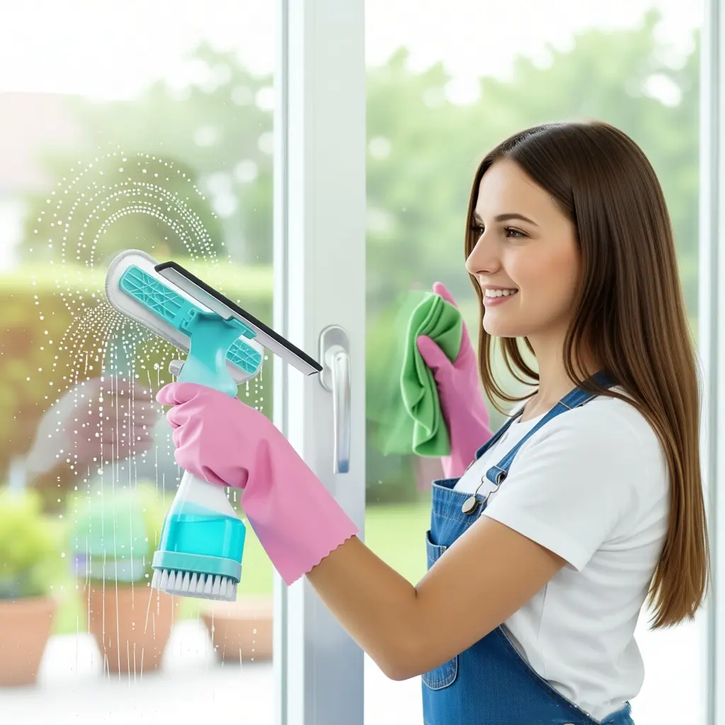 All In One Window Cleaning Tool, 4 In 1 Glass Cleaning Brush with Squeegee, Sliding Door Track Cleaner, Bathroom & Kitchen Cleaning Essentials