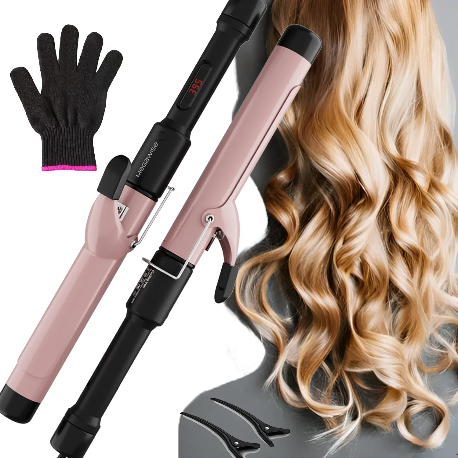 MEGAWISE Pro 1.25-Inch Ceramic Curling Wand Hair Styling Tool - 60s PTC Fast Heating, Anti-Scald Grip & Tip, Auto Shut Off, 360° Swivel Cord, 2 Clips, Heat-Resistant Glove, Adjustable Hair Straightener