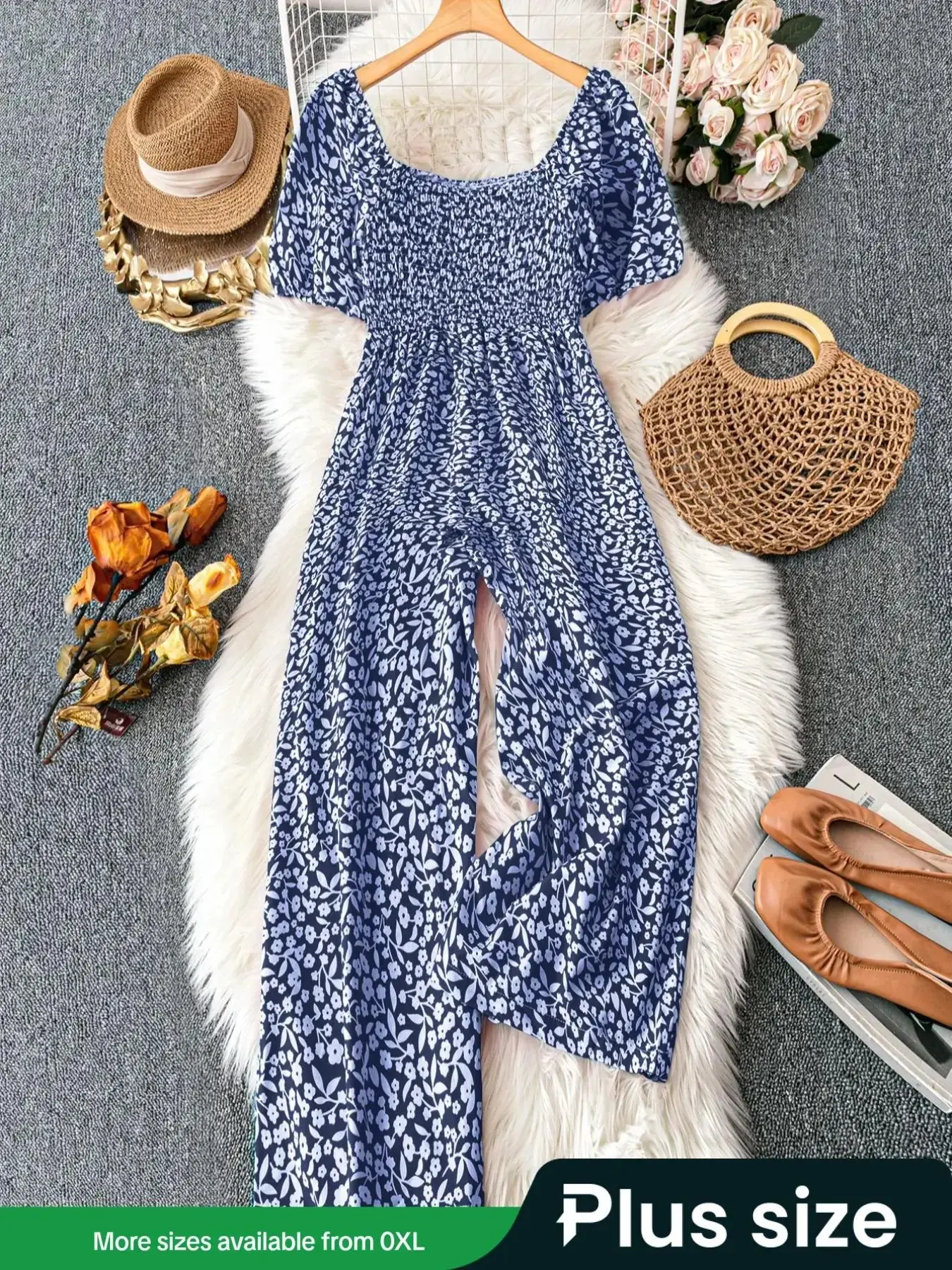 [Plus Size] Ditsy Floral Print Wide Leg Jumpsuit, Boho Fashion Casual Jumpsuit for Daily Holiday Vacation Wear, Women Plus Clothing for Spring & Fall