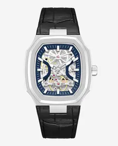 Skeleton Automatic Two-Tone Dial Leather Strap Watch