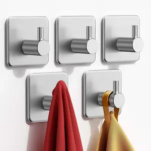 Adhesive Hooks Heavy Duty 22lb(Max) Wall Hooks, 5 Pack Self Adhesive Damage Free Utility Hooks Stainless Steel for Towel Coat Robe, Waterproof Oilproof Rustproof for Bathroom Shower Kitchen Office wire racks