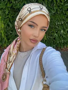 Women's New Chain Color Block Hair Hat, Hijab Fashion, Head Scarf, Versatile Headscarf, Painted Color Block Graffiti, Lightweight Fabric, Suitable for Daily Wear