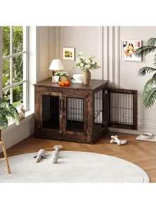 Gaomon 31-Inch Farmhouse Wooden Dog Crate Furniture - Double Doors, Heavy-Duty Enclosure, Escape-Proof Kennel, Anti-Chew Indoor End Table for Small/Medium Dogs